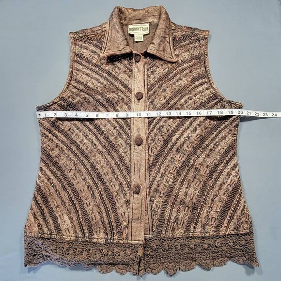 Urban Tribe Brown Vest Geometric Stripe Lace Button Up Classic Y2k Womens Size L - Picture 3 of 7